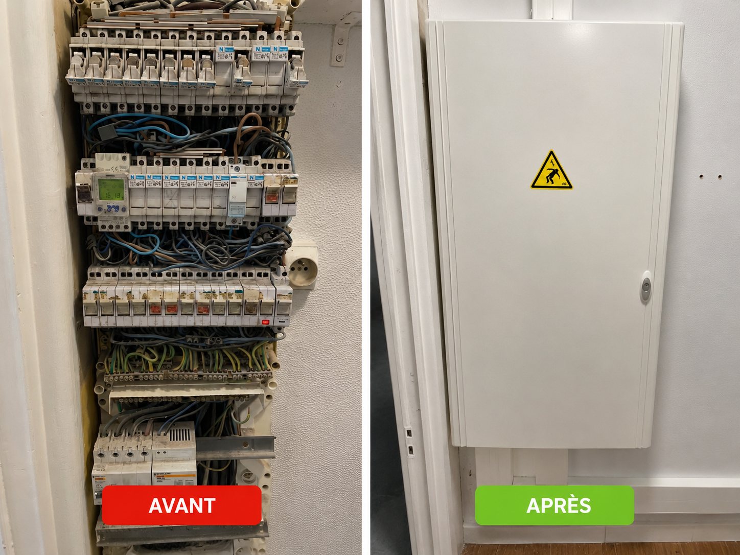 Rénovation et mise aux normes d'un tableau électrique vétuste — avant / après, par Volts & Watts, électricien