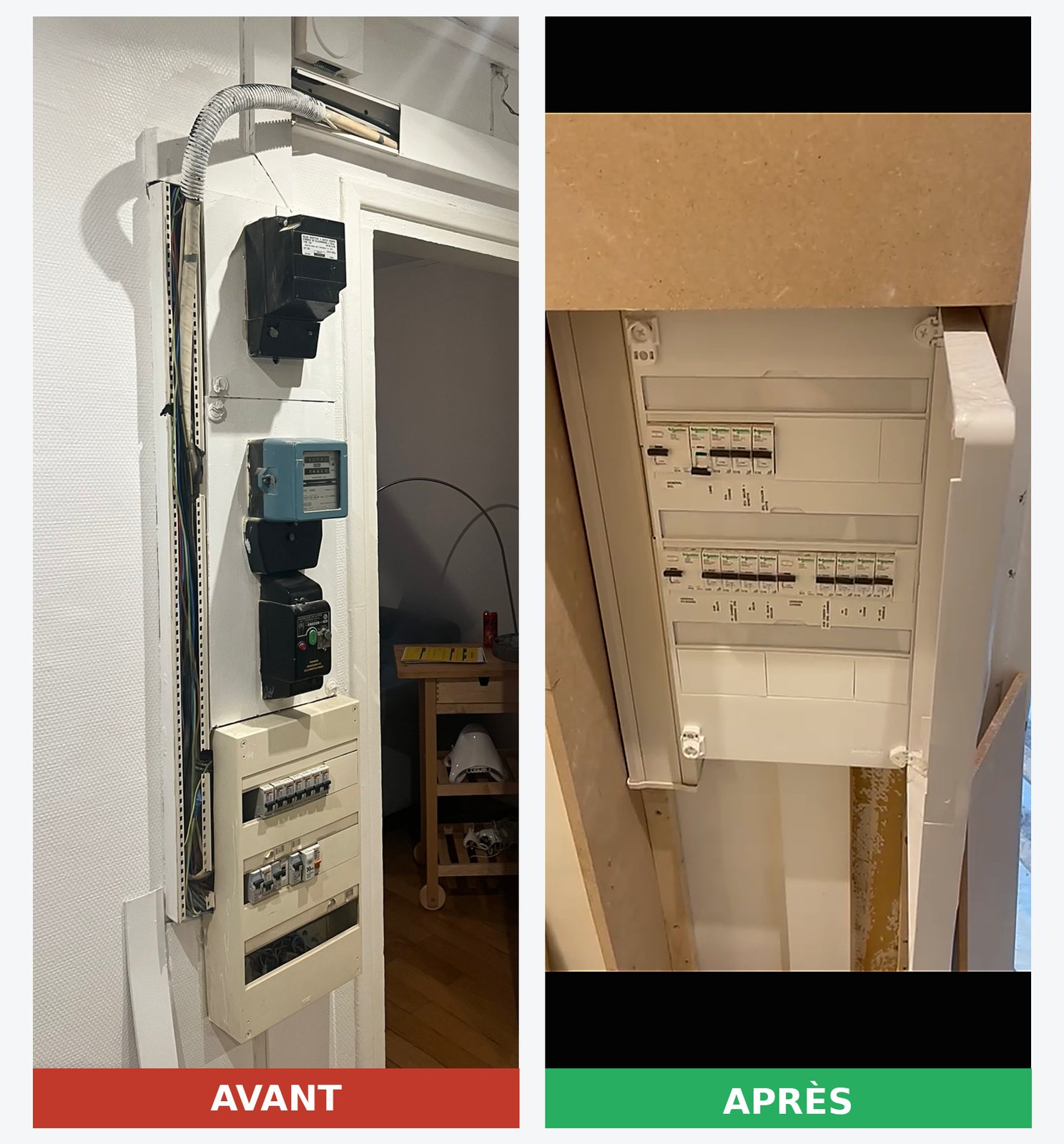 Remplacement d'un tableau électrique vétuste par une installation aux normes chez un particulier — avant / après, Volts & Watts, électricien